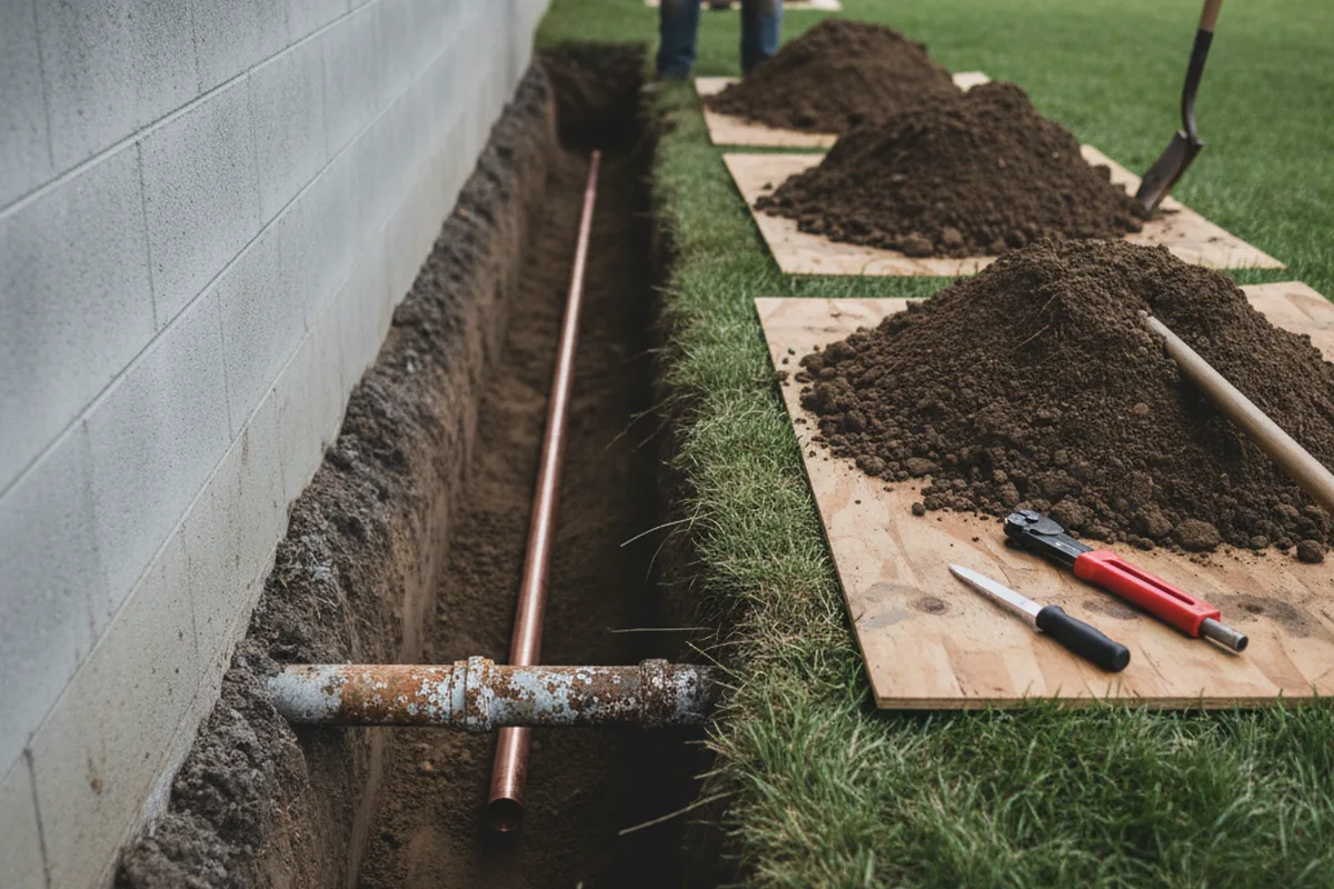 Excavated water line trench during Sewer Line Repair in Sandy